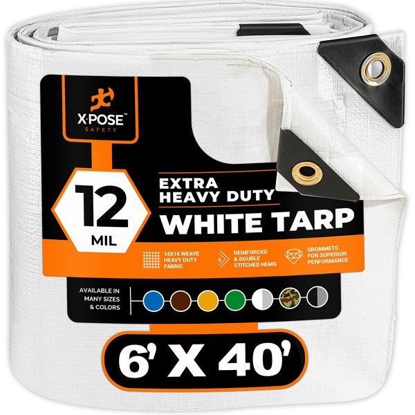 Xpose Safety 6 ft x 40 ft Heavy Duty 12 Mil Tarp, White, Polyethylene WHD-640-X-N